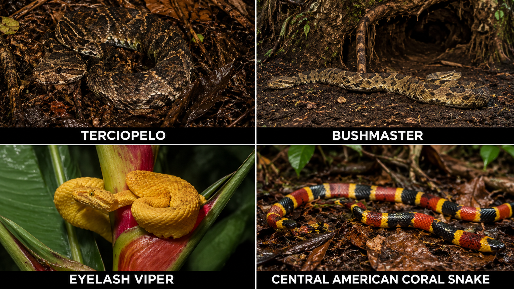 Terciopelo snake, American crocodile, Africanized bee and Aedes mosquito in Costa Rica.