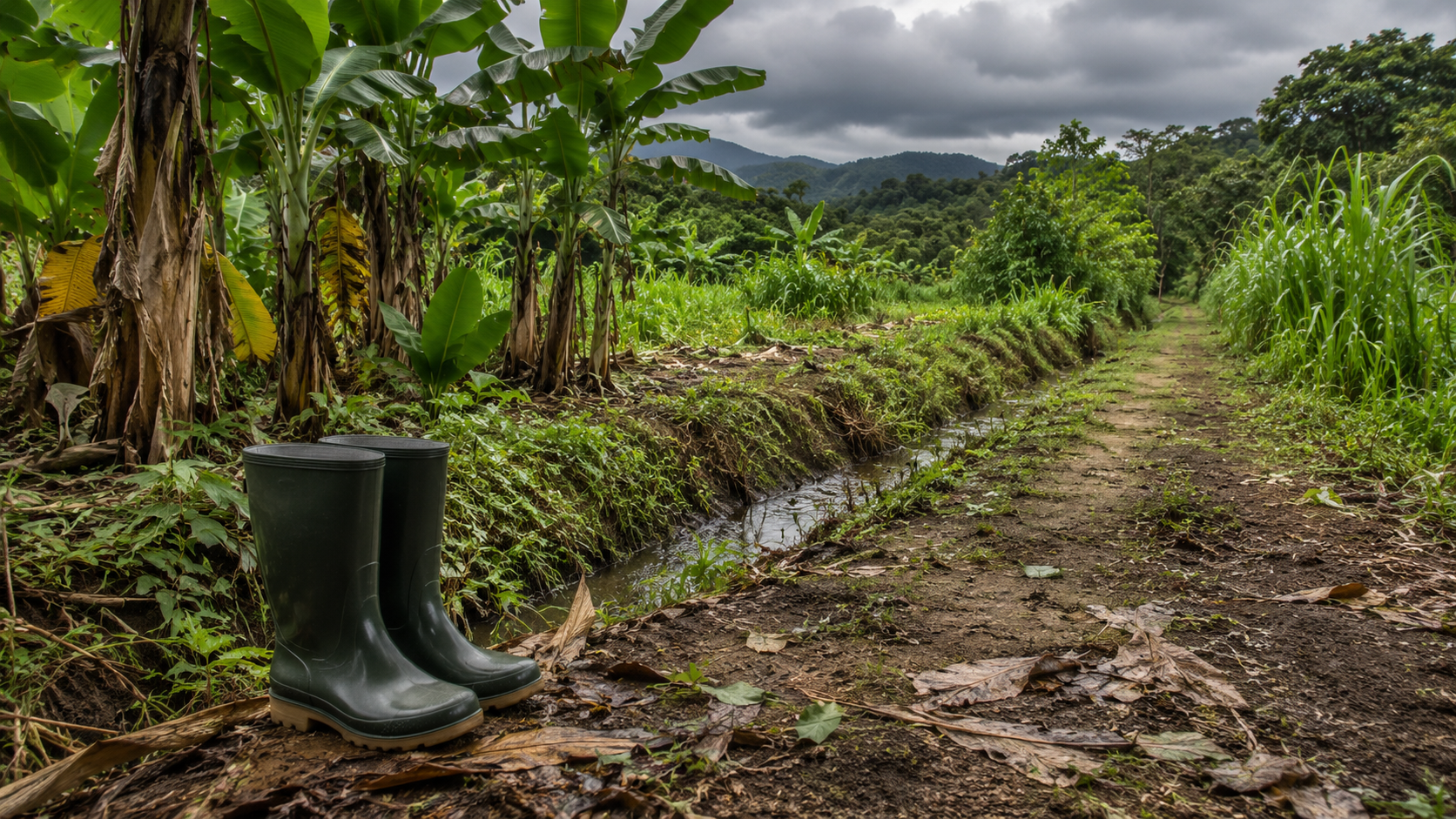 Rubber boots beside a humid Costa Rican farm path where terciopelo snakes may live.