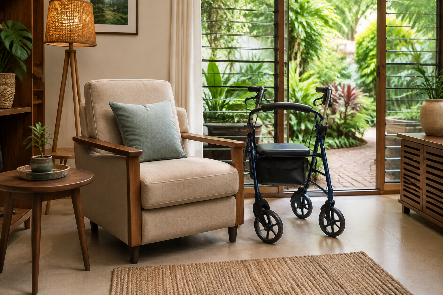 An armchair and wheeled walker stand beside a window in a living room.