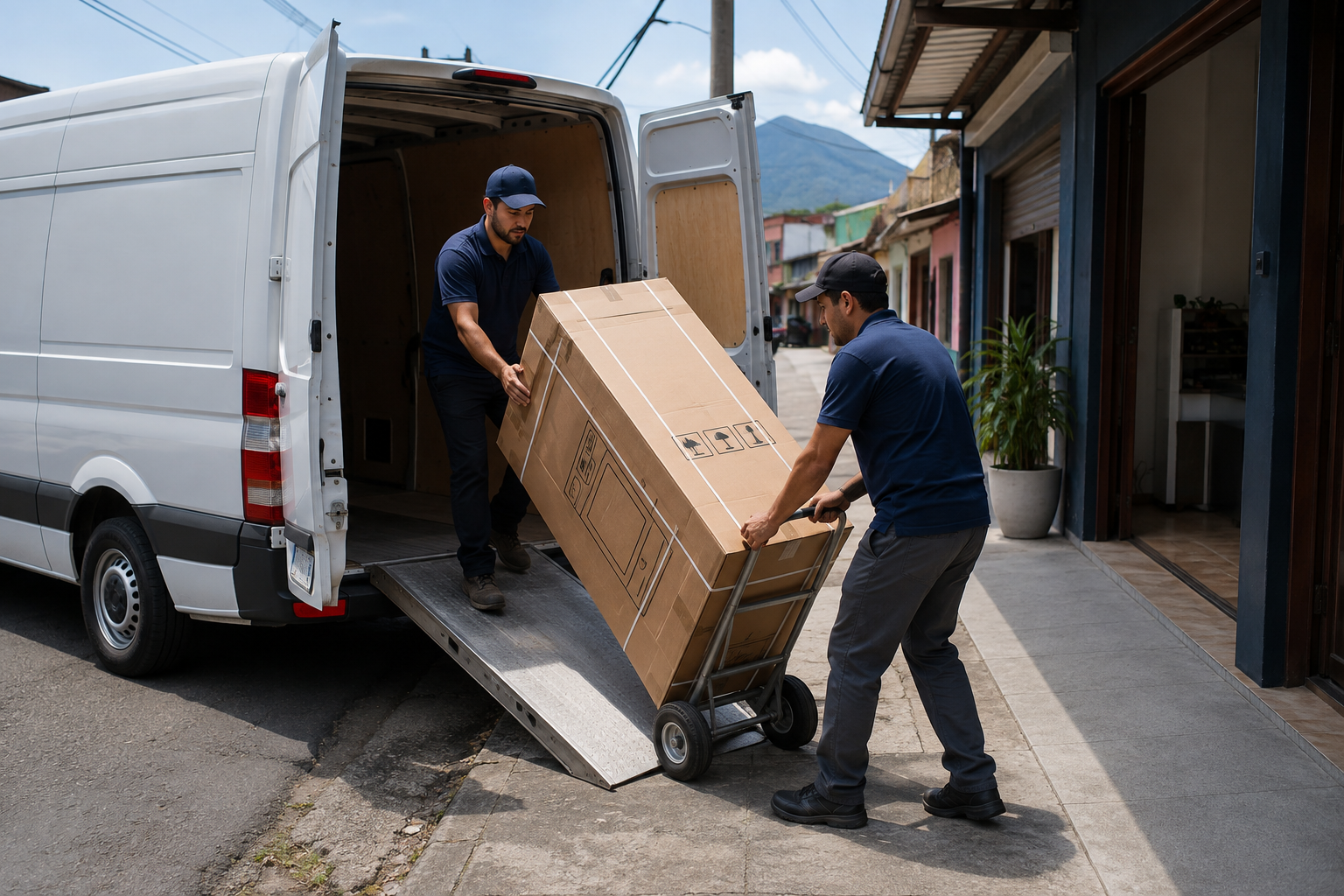 Workers use a trolley and ramp to load a boxed appliance into a van.