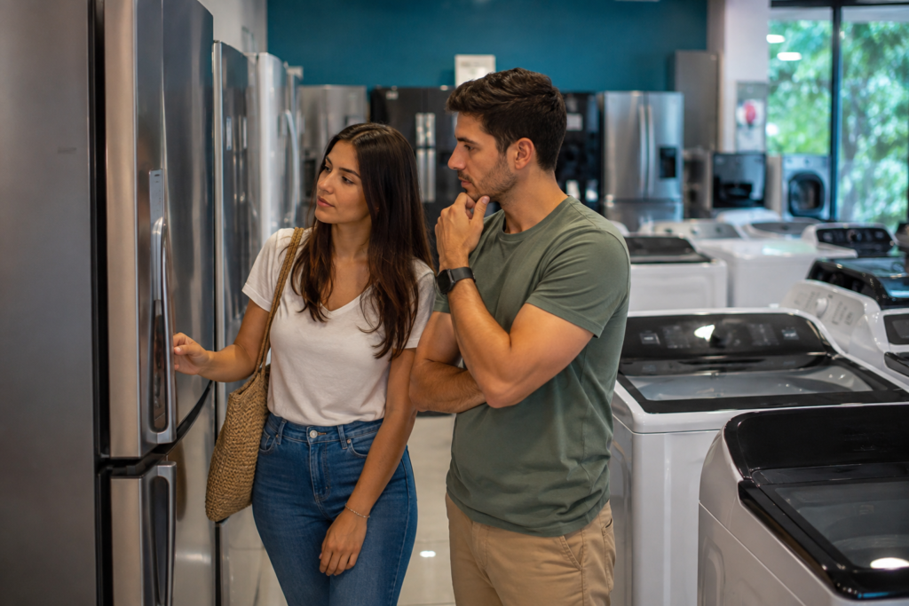 Two shoppers compare household appliances in a showroom.