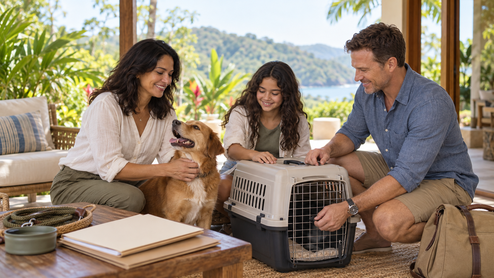 Family preparing pet travel with their dog at a Costa Rica home.