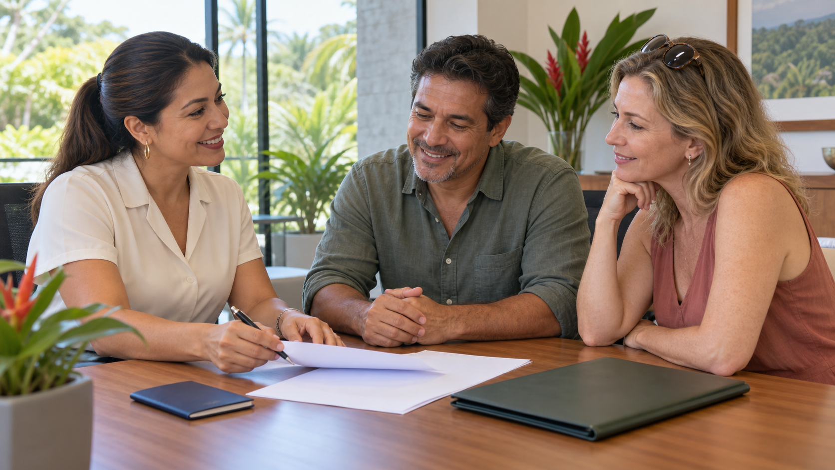 A couple reviews bank-account documents with an adviser in Costa Rica.