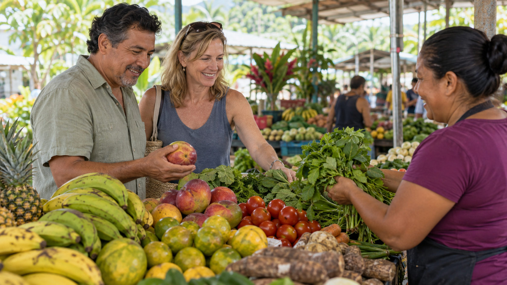 A couple shops at a Costa Rican produce market.