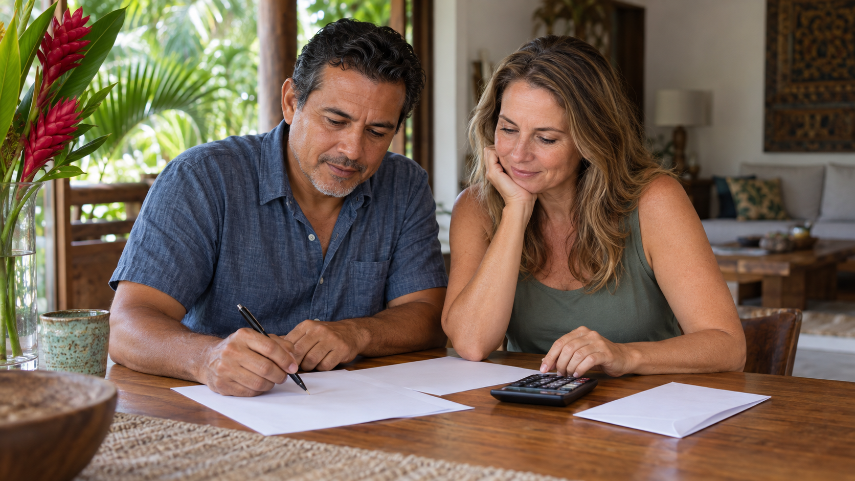 A couple organizes household finances at their Costa Rican home.