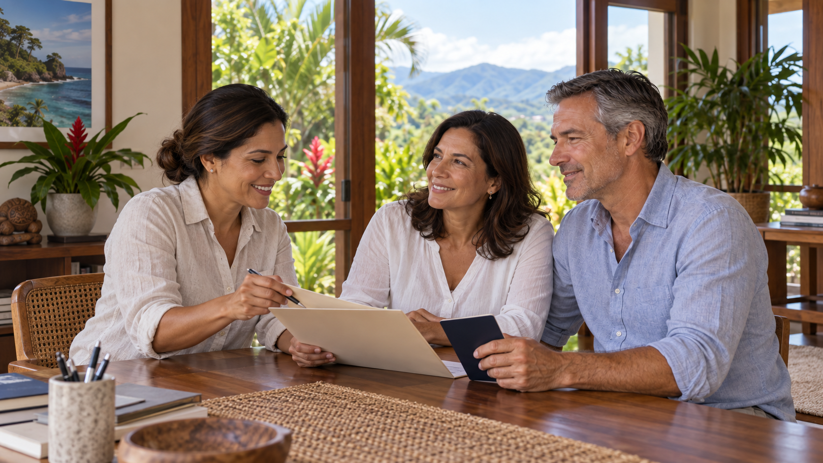 Mixed couple receiving residency planning guidance from a Costa Rica adviser