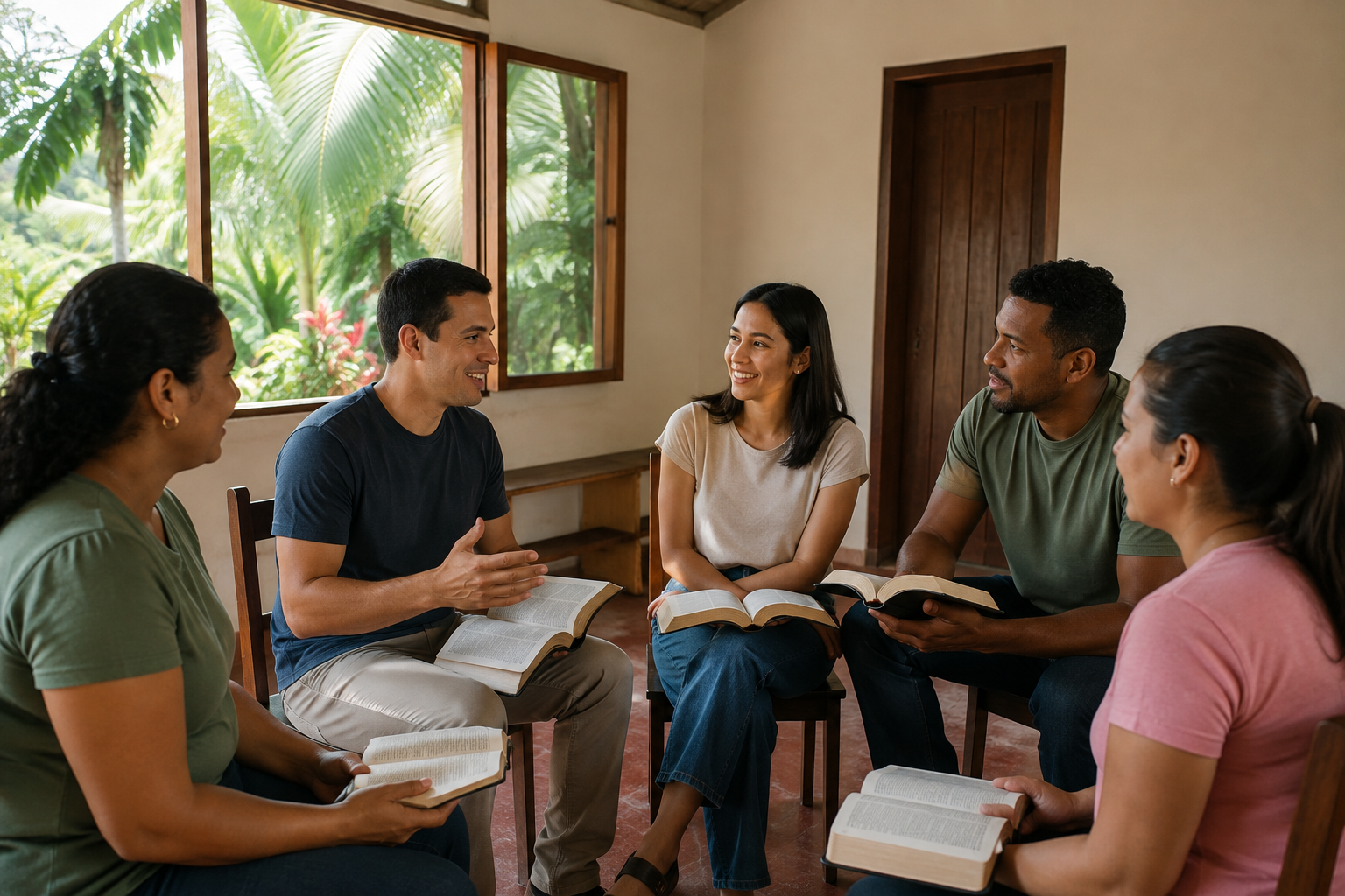 Adults sit together with open books in a meeting room.