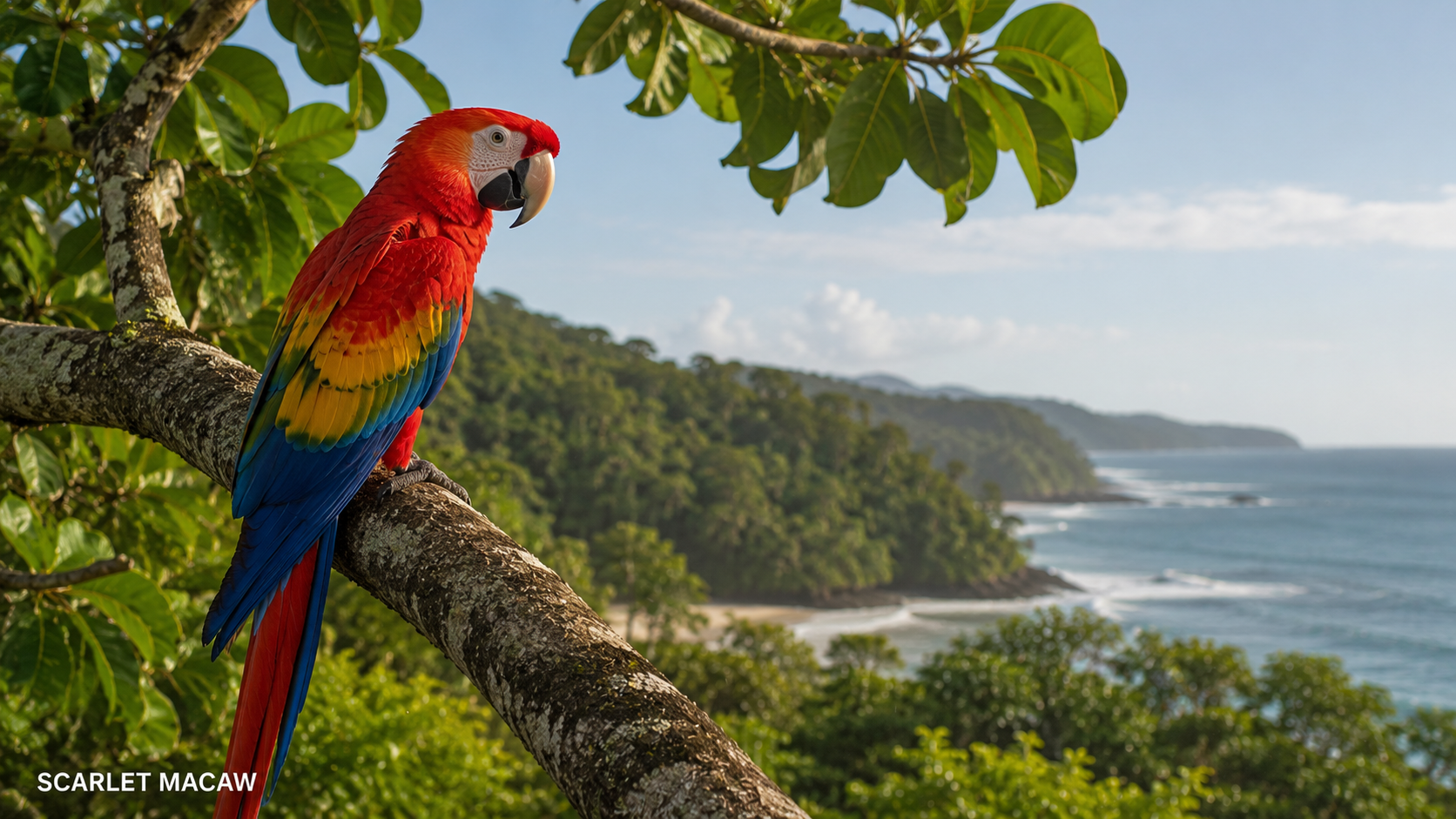 Scarlet macaw perched in a tropical almond tree on Costa Rica’s Pacific coast.