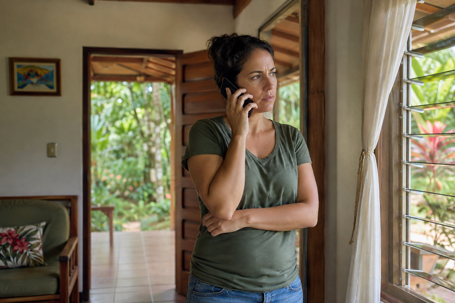 An adult makes a telephone call indoors.