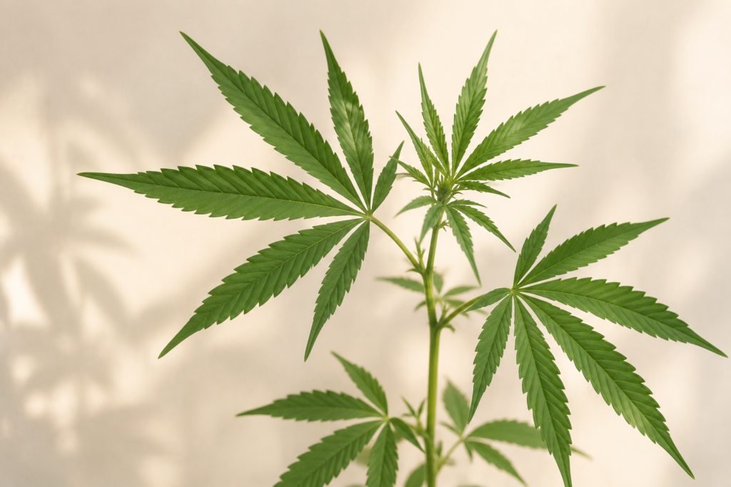 A cannabis plant with narrow serrated leaflets.