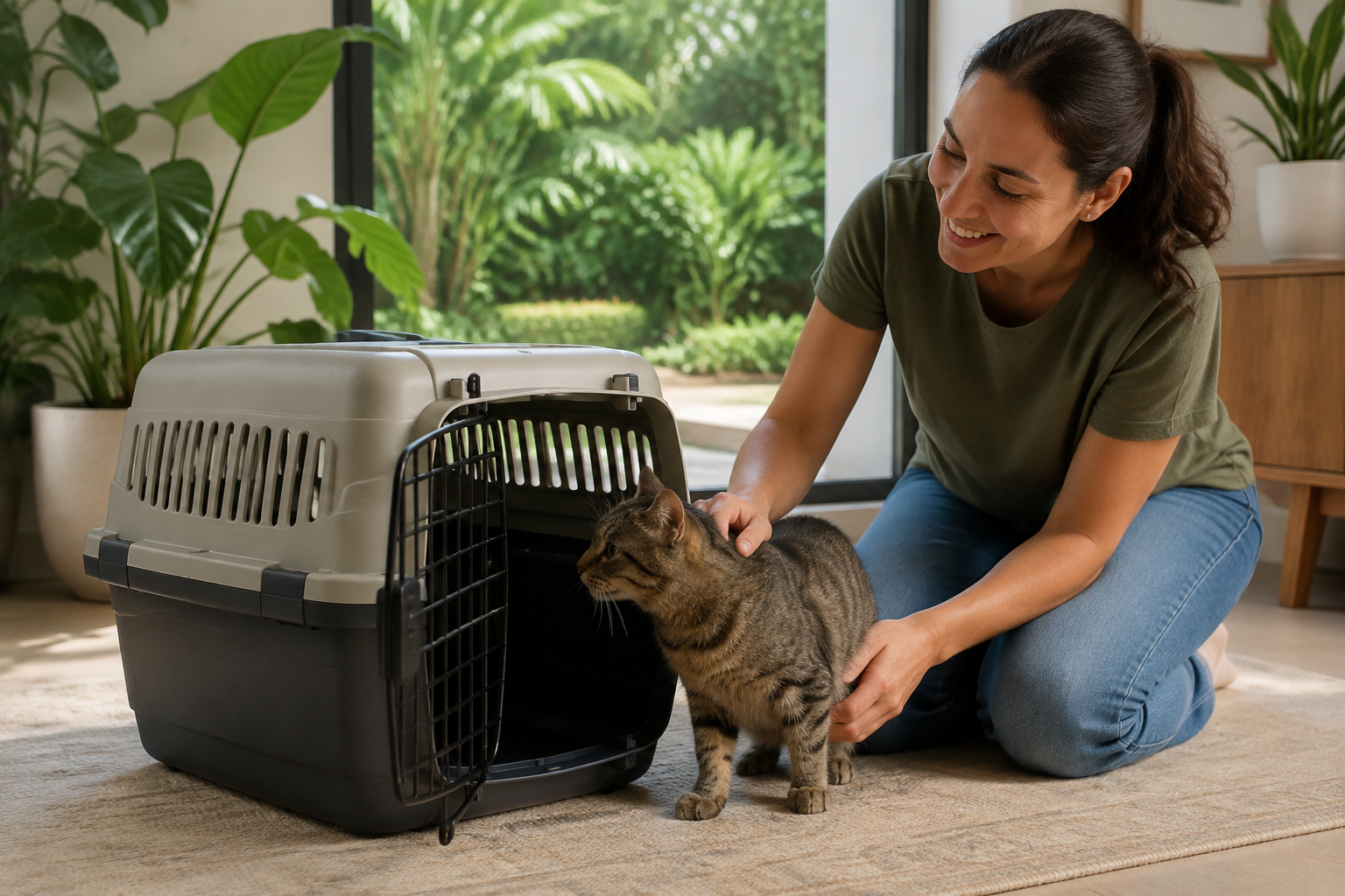 A tabby cat stands beside an open travel carrier with a kneeling adult nearby.