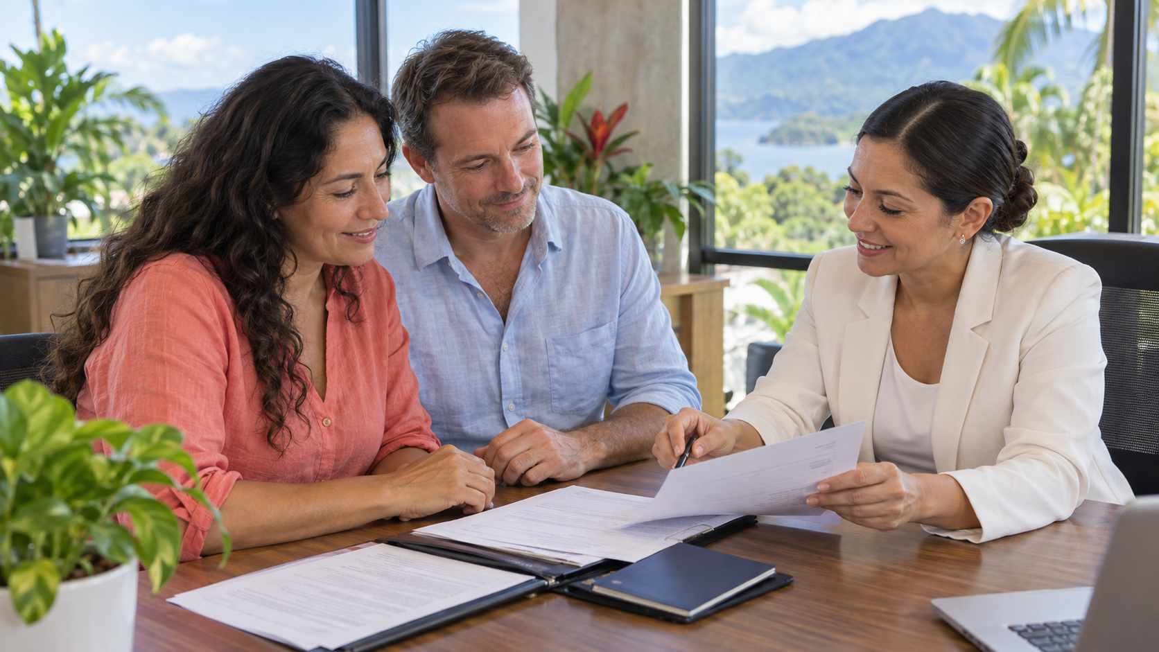 Mixed couple receiving CCSS registration guidance from a Costa Rica adviser