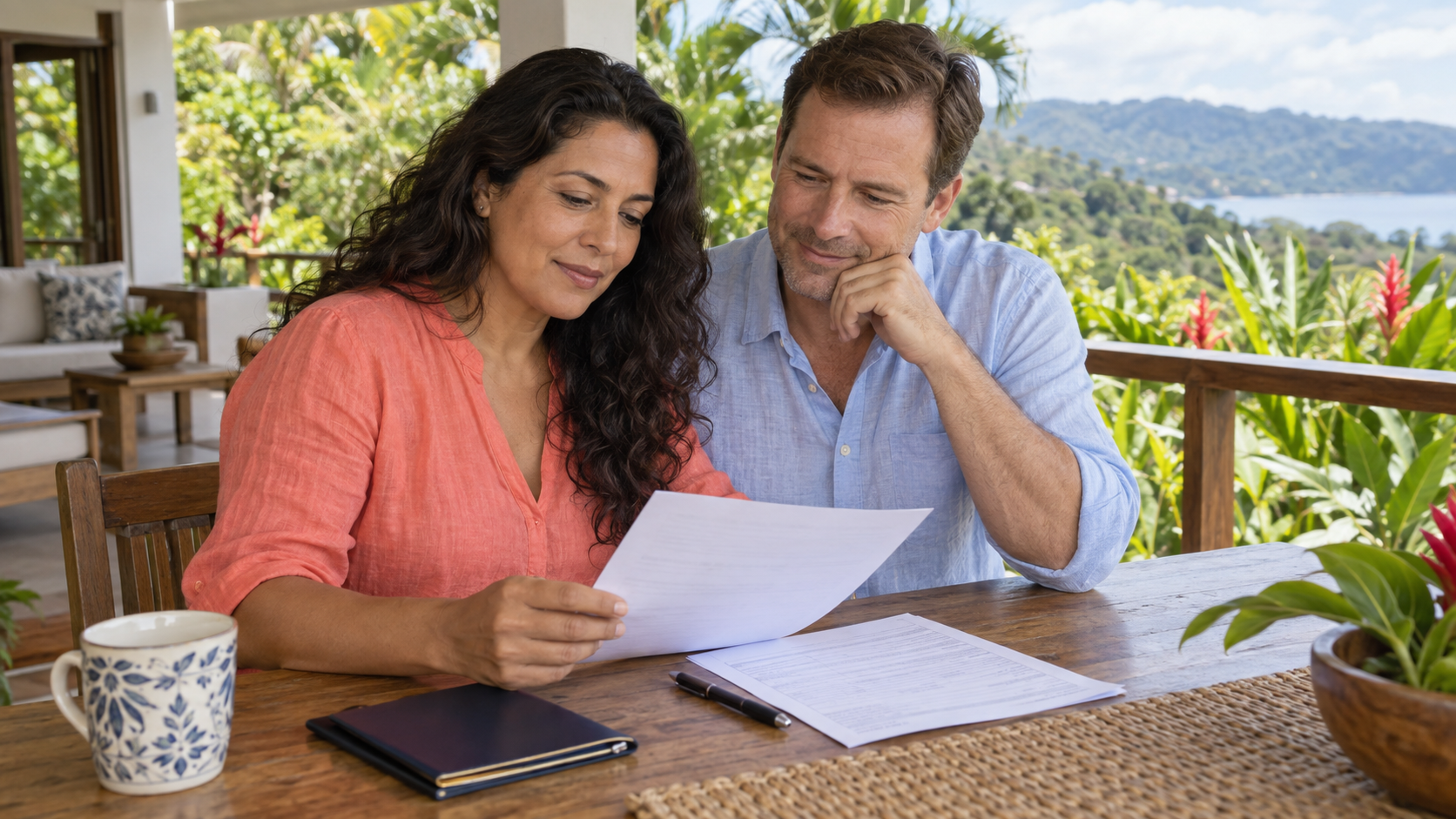 Mixed couple reviewing CCSS registration documents at their Costa Rica home