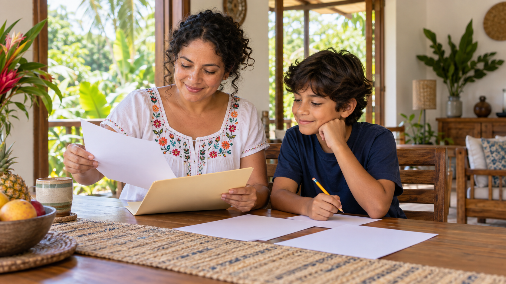 Mother and child organizing residency documents at their Costa Rica home