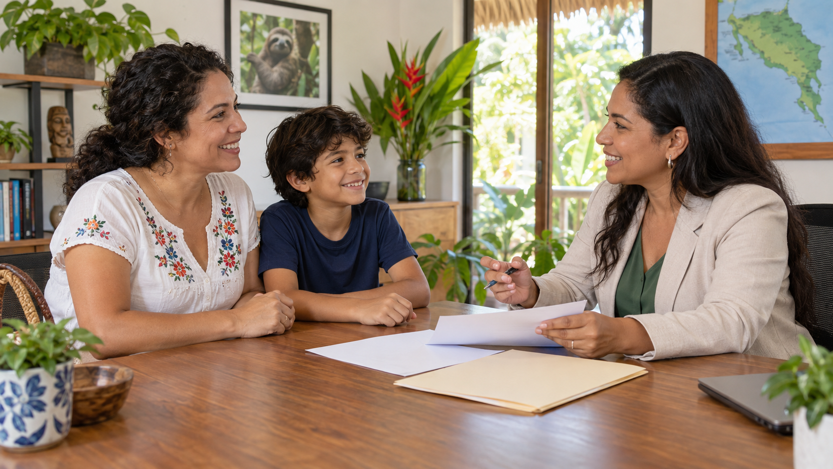 Mother and child reviewing civil registration documents with a Costa Rica immigration adviser