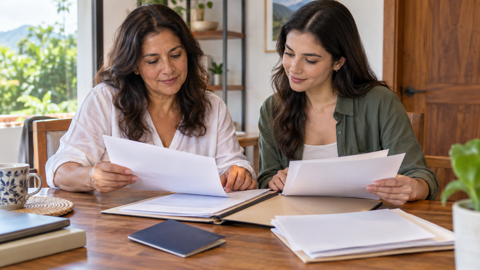 A mother and adult daughter organize family documents for a Costa Rican citizenship application.