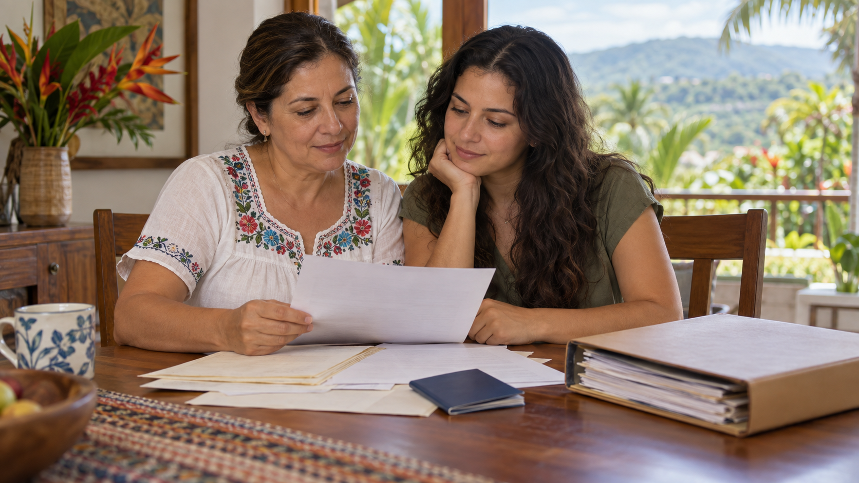 A mother and adult daughter review family records for a Costa Rican citizenship application.