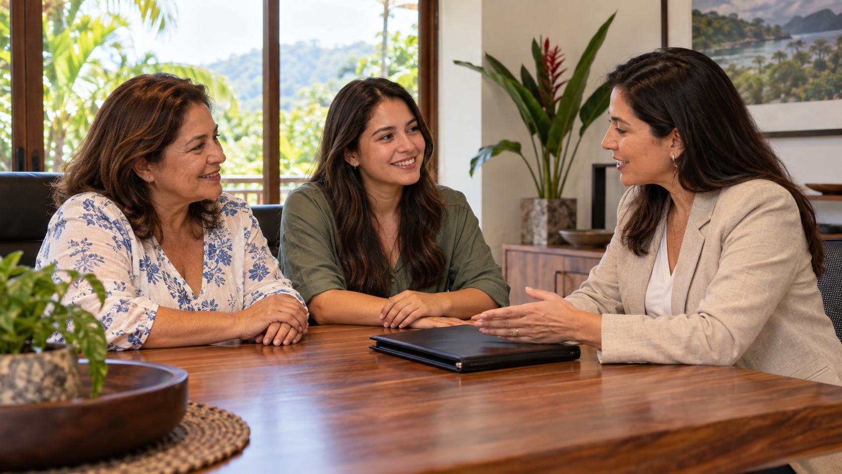 A mother and adult daughter discuss family-record next steps with an adviser in Costa Rica.