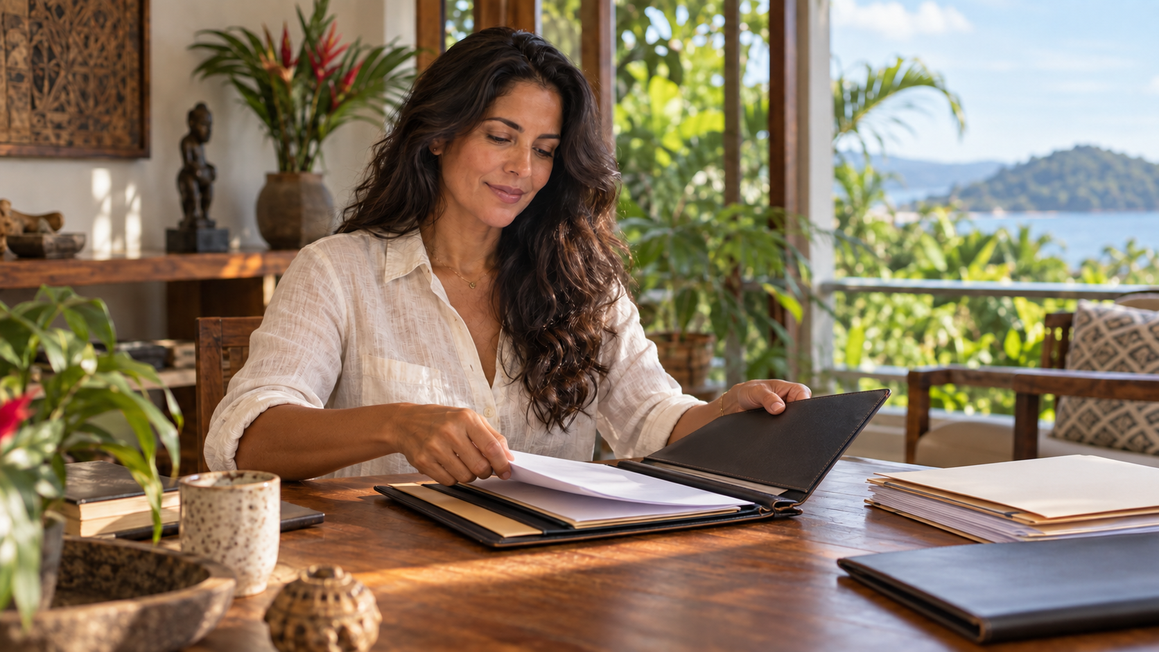 Applicant organizing citizenship documents at a Costa Rica home office