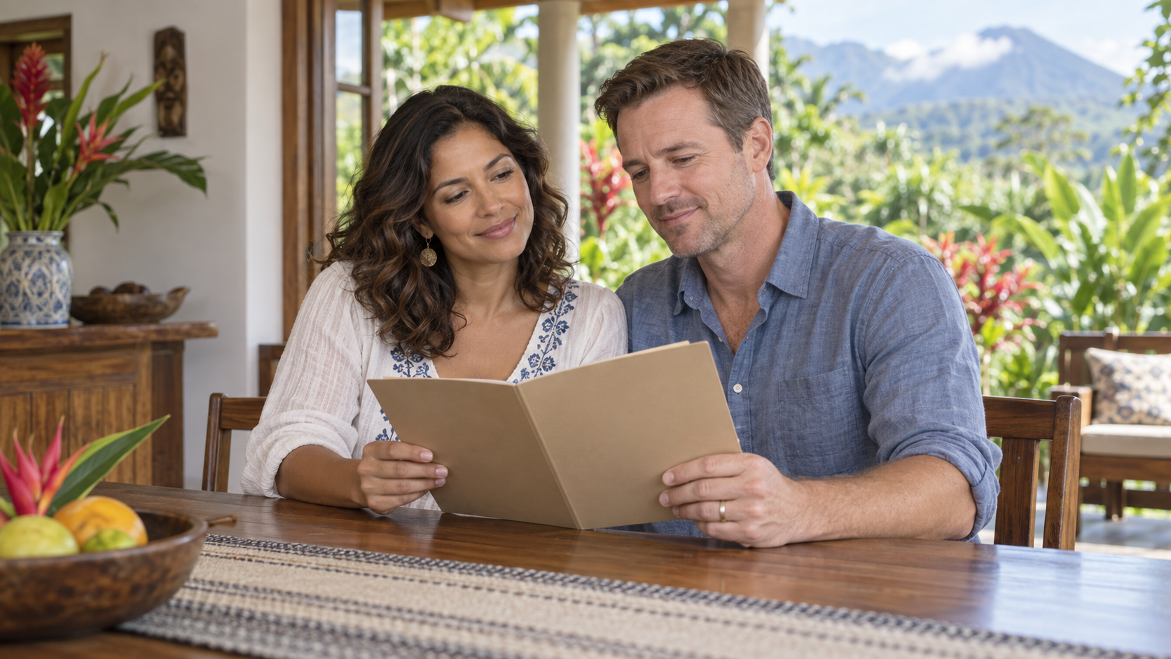 Married couple reviewing a document folder together at their Costa Rican home.