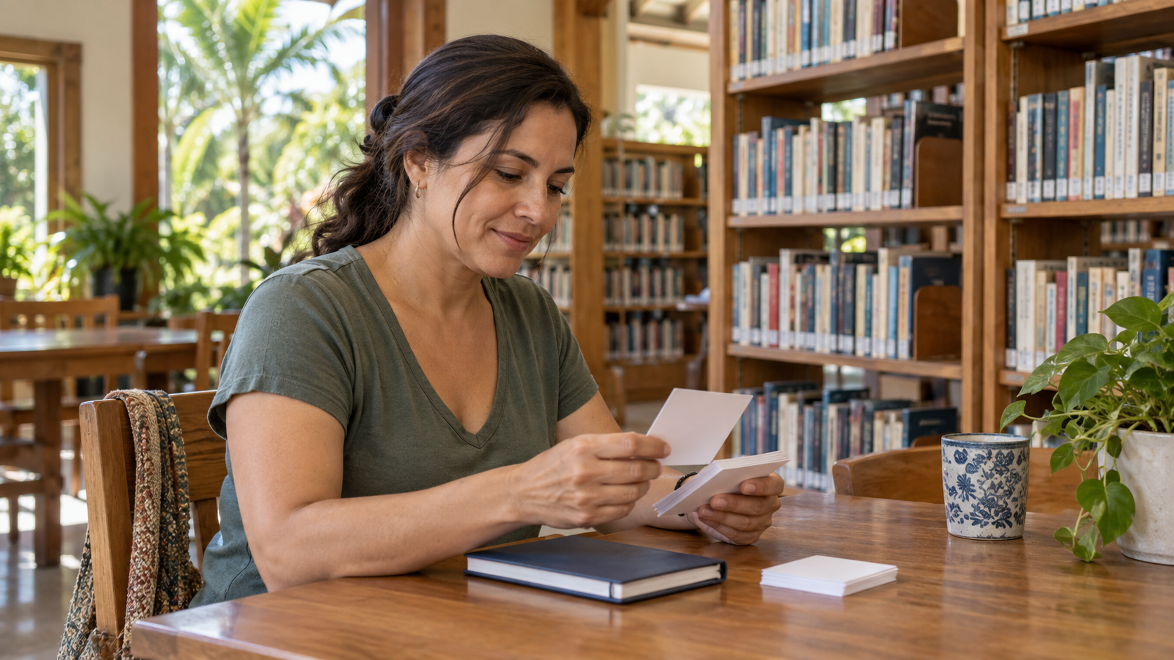 Woman reviewing blank study cards in a Costa Rica library.