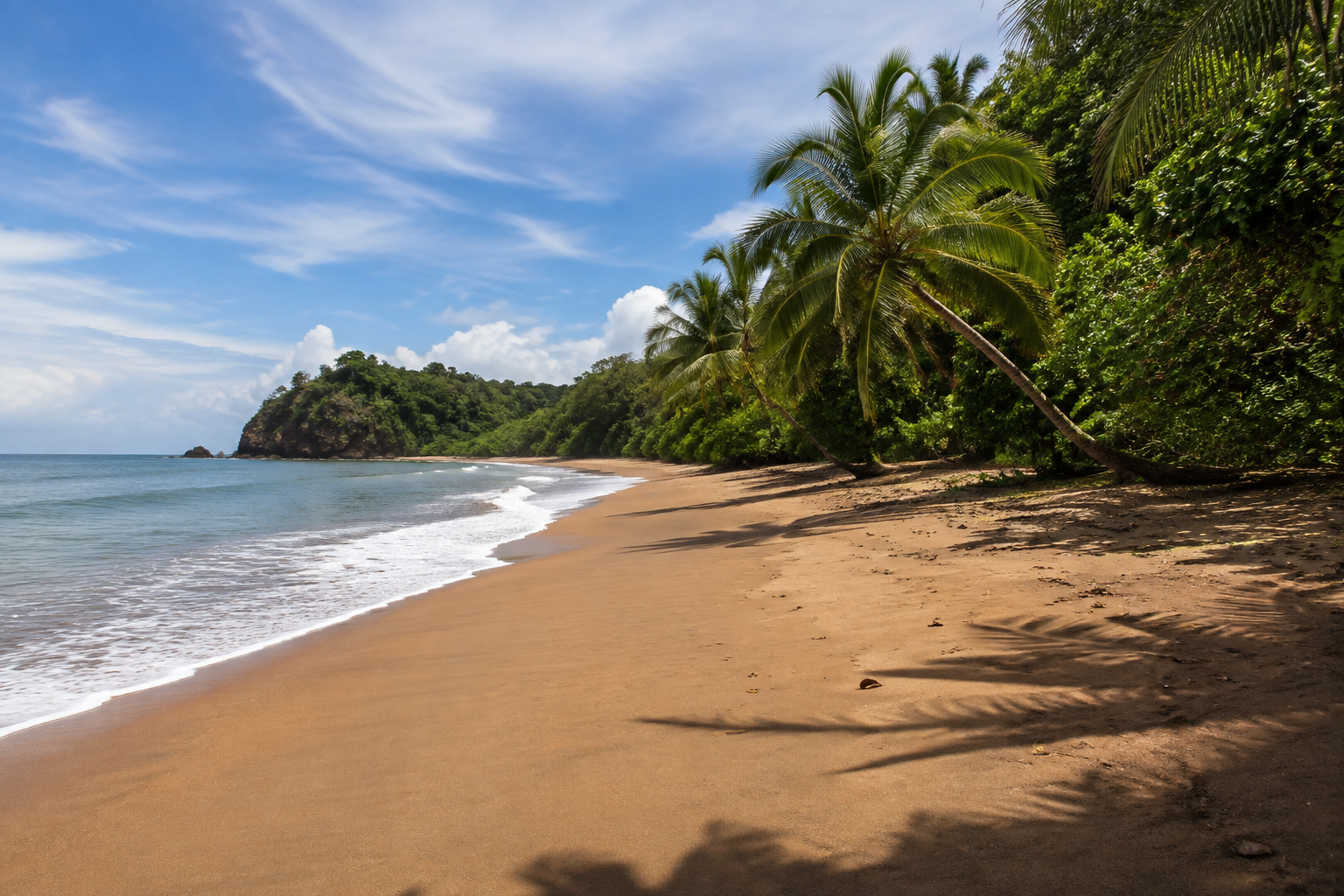A sandy tropical beach borders palms and a wooded headland.