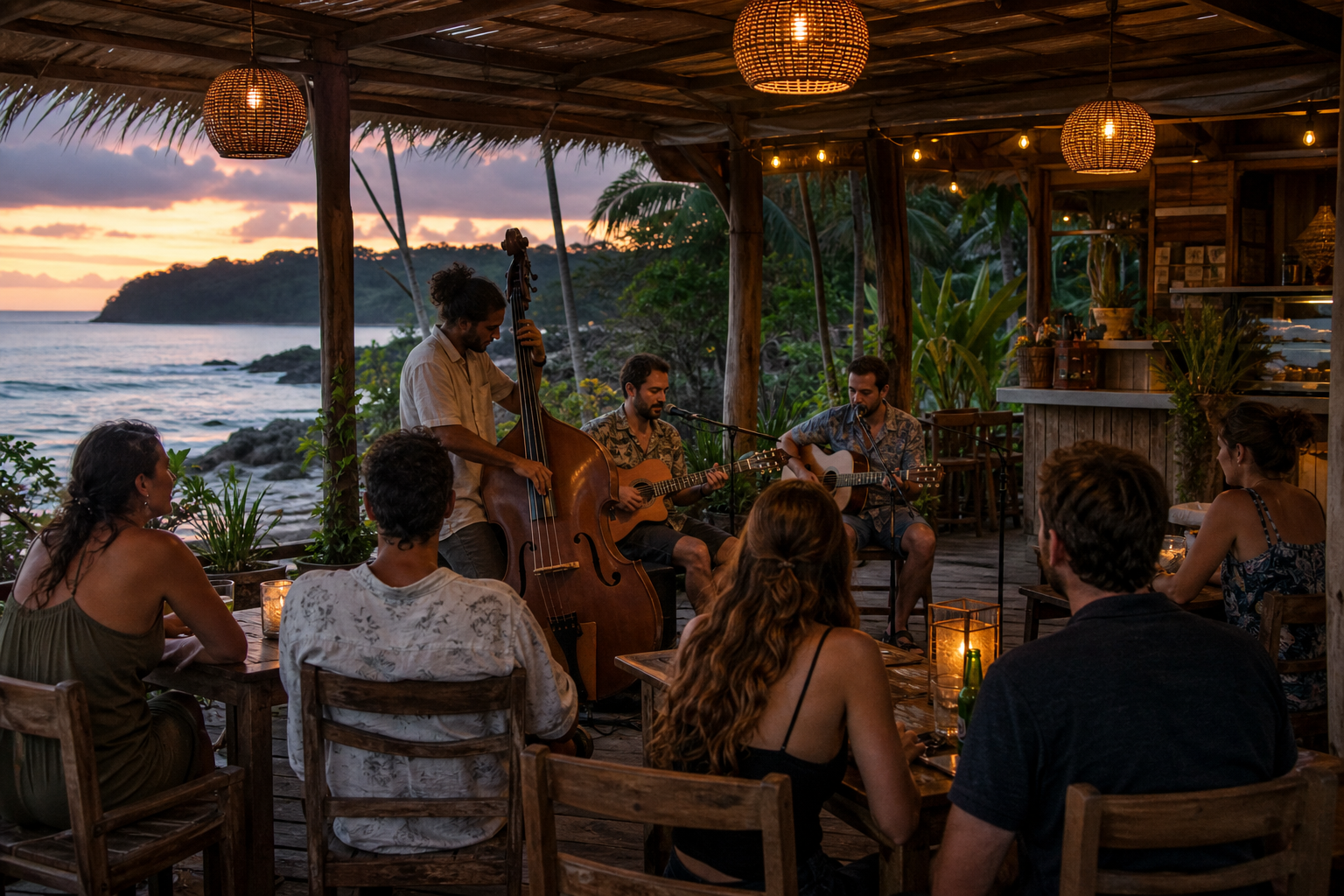 Musicians perform for seated guests at a small coastal cafe.
