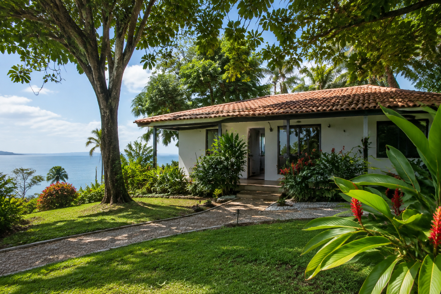 Tropical plants surround a single-storey home.