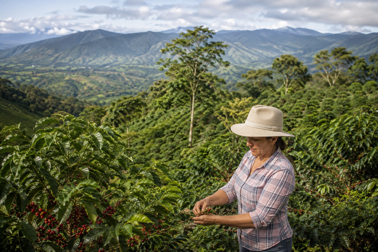 Rows of coffee plants grow across green hills.