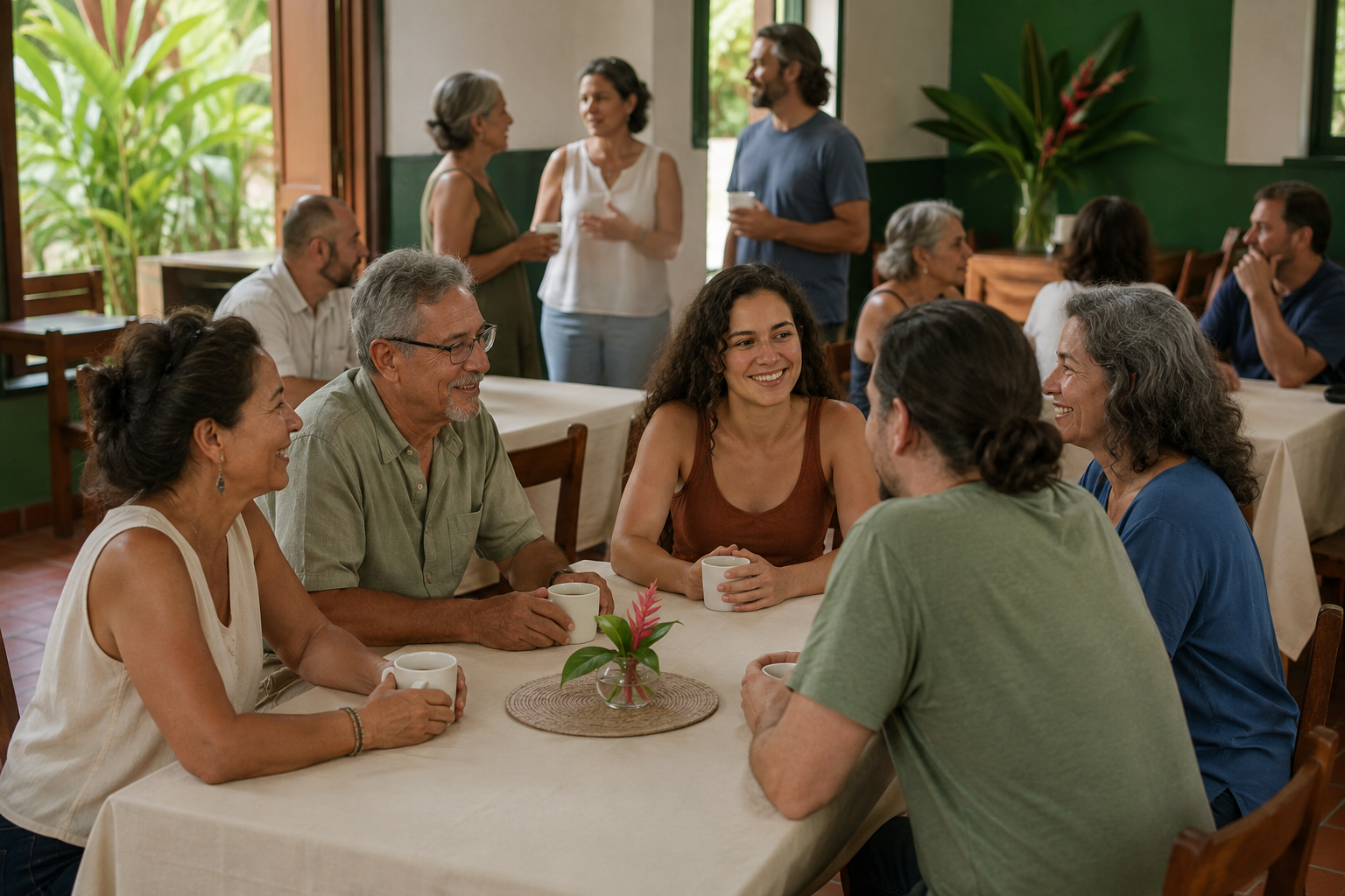 Adults gathering around a table for coffee.