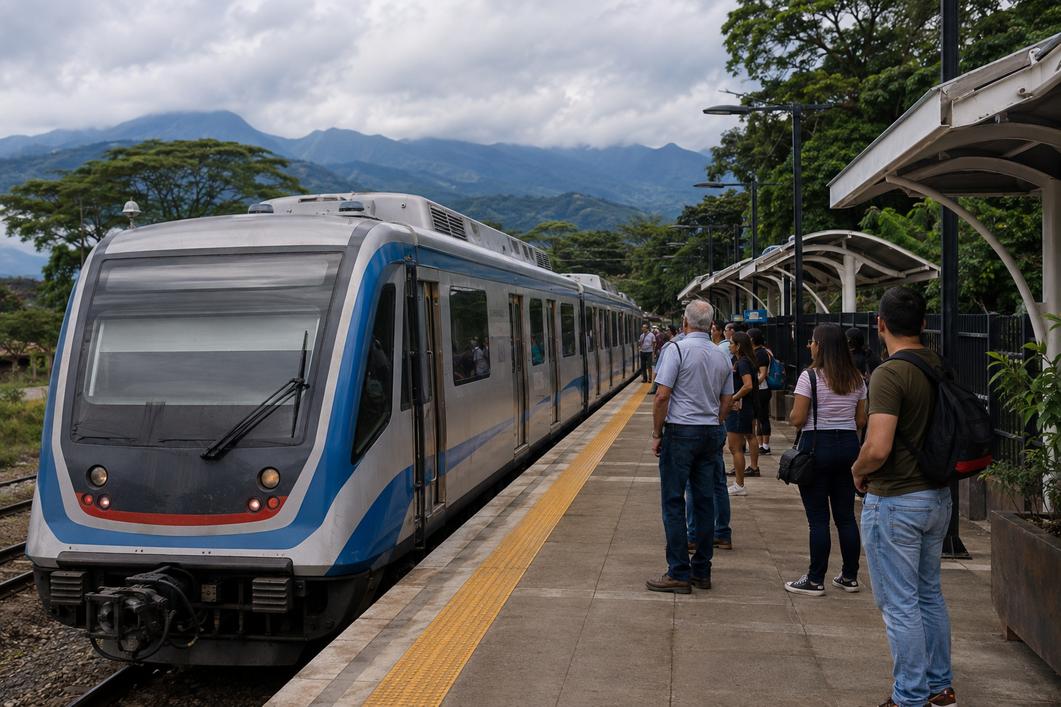 Passengers wait on a platform beside a commuter train with mountains in the distance.