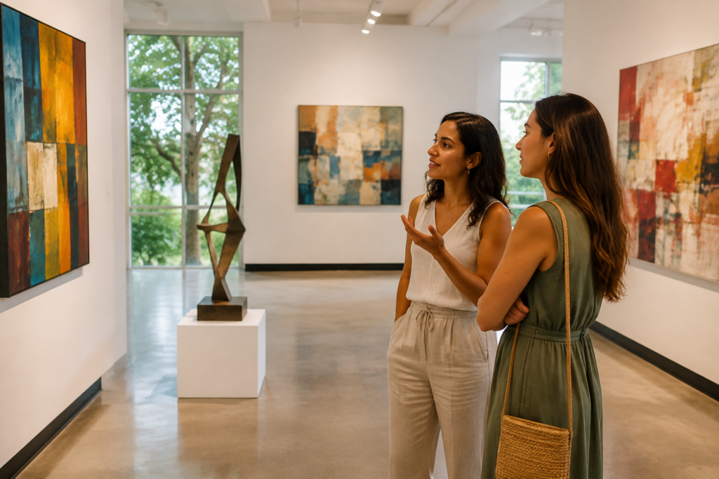 Abstract paintings and a sculpture are displayed in a light-filled gallery.