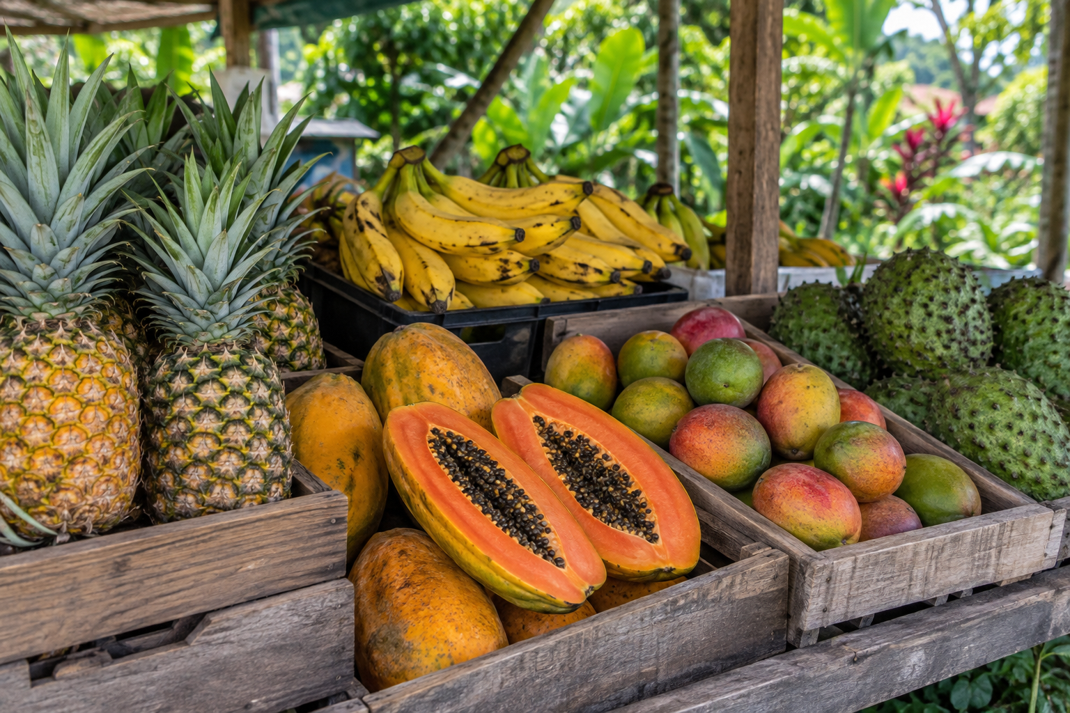 Pineapples, bananas, papaya, mangoes and soursop displayed in produce crates