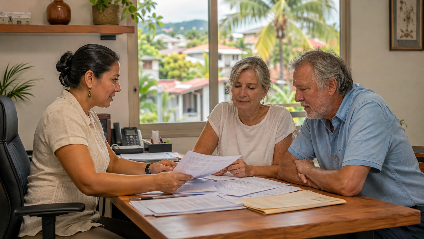 An adviser and an older couple review papers at a desk in a small indoor office.