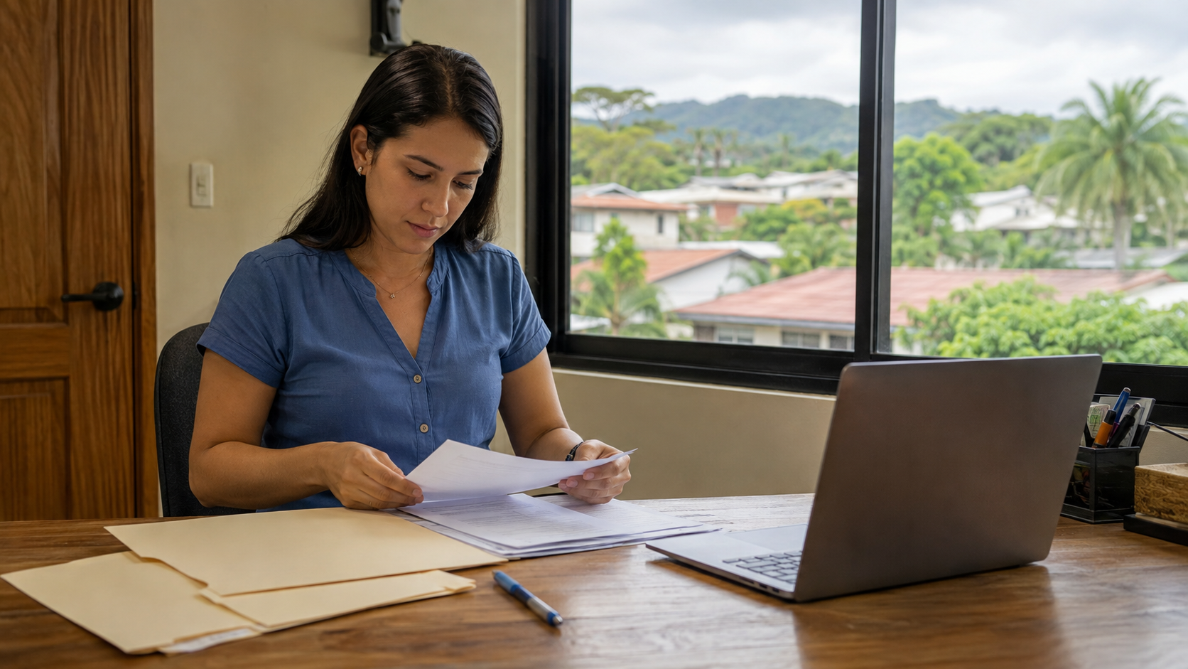 A woman organizes paperwork beside a laptop in a modest indoor office.