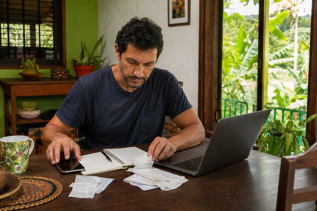A man reviews receipts beside a notebook, phone and laptop indoors.