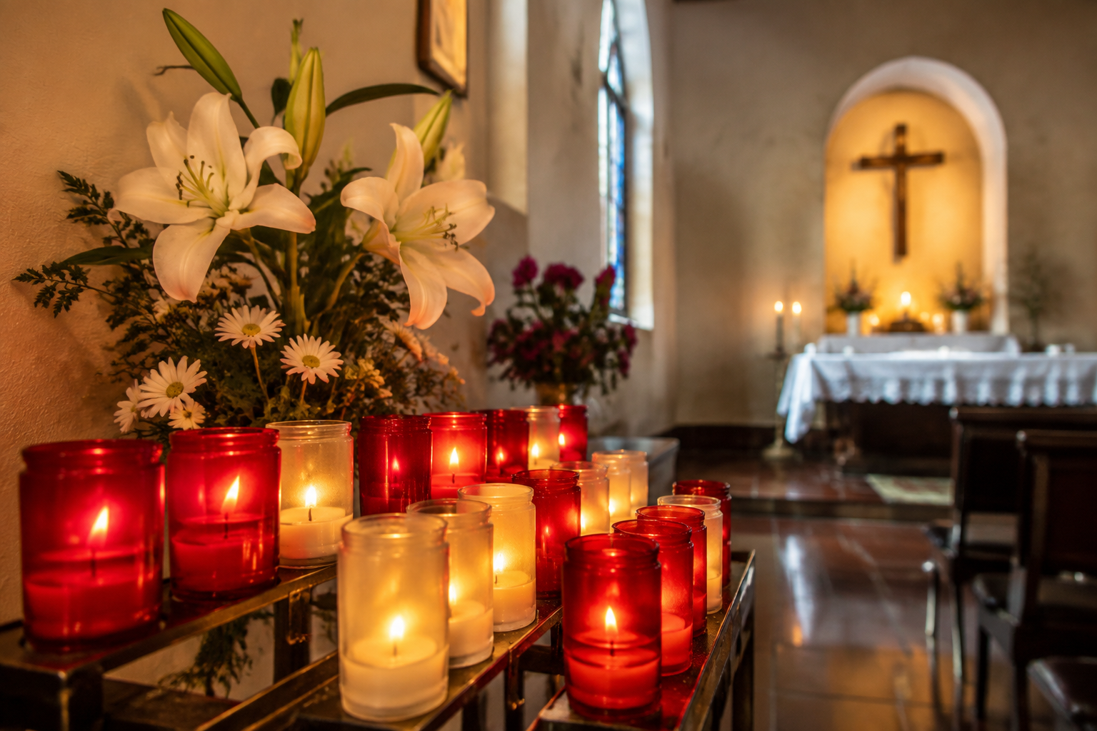 Votive candles glow beside flowers in a chapel.