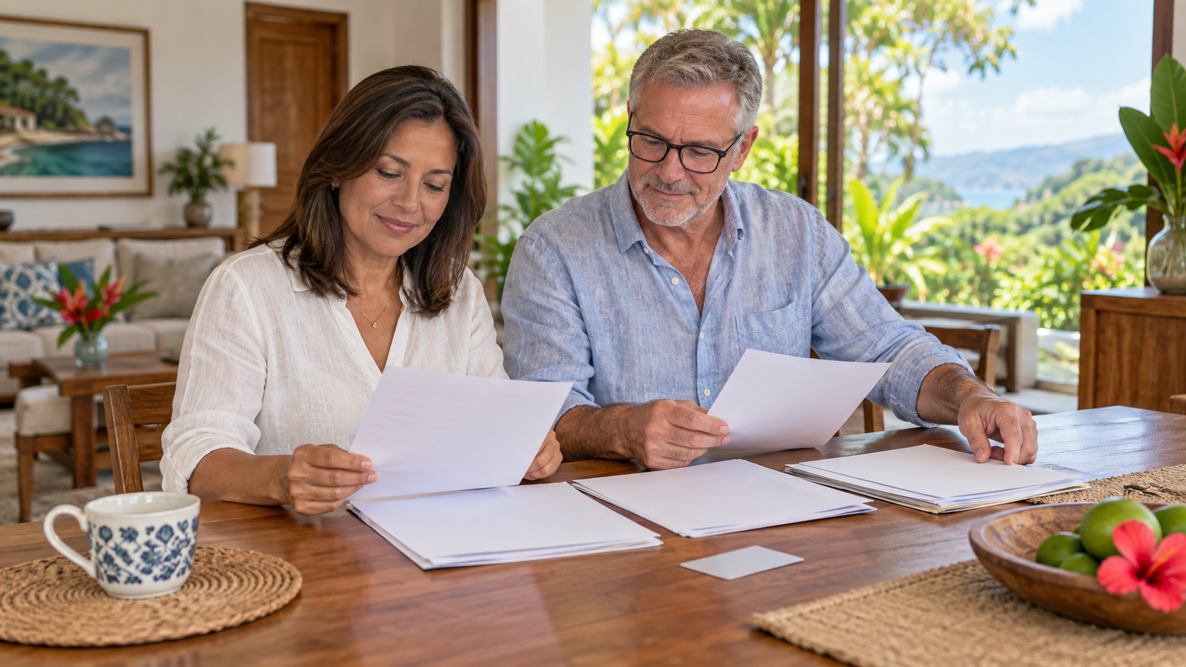 Couple preparing DIMEX renewal documents at home in Costa Rica
