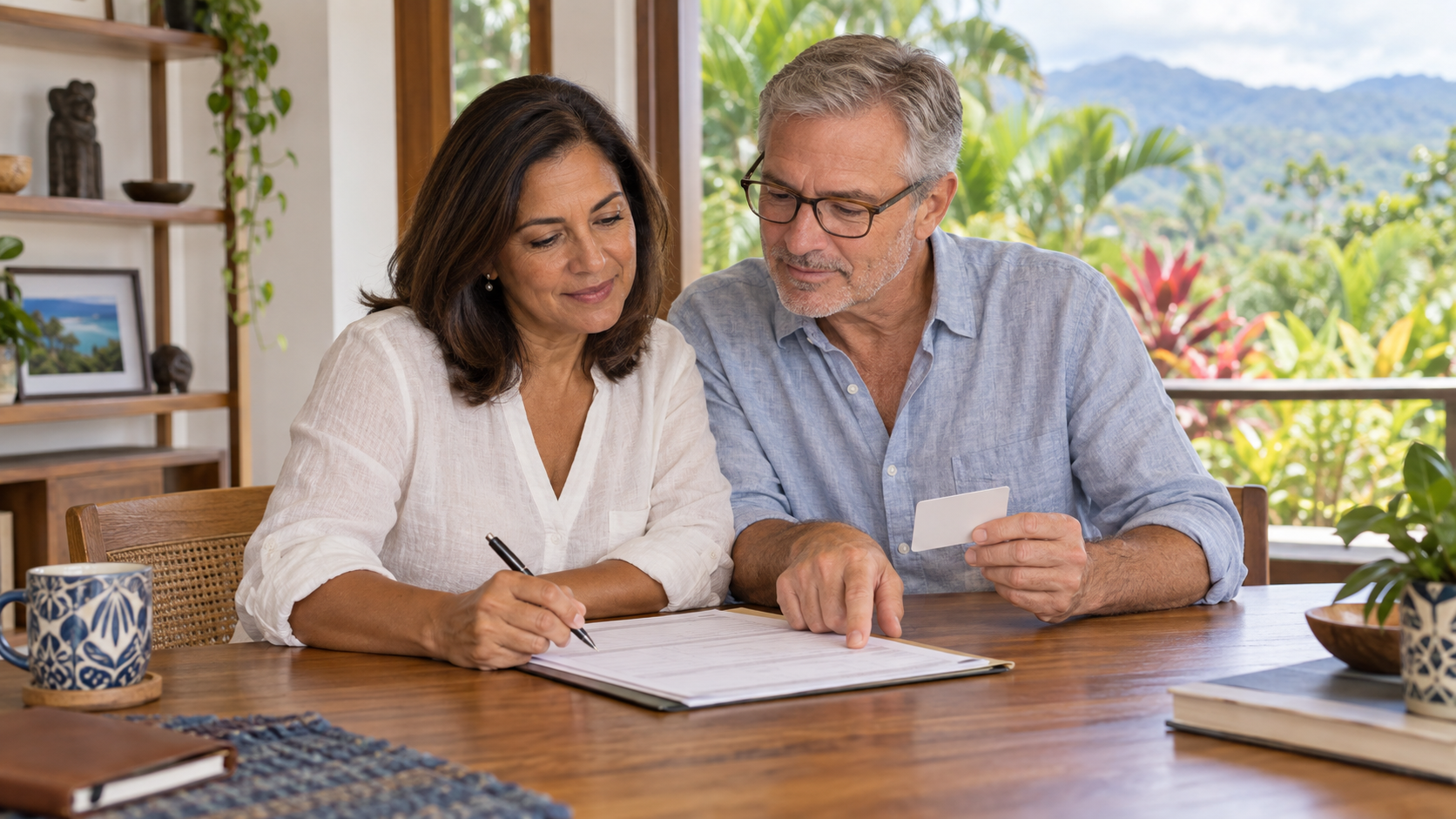 Couple reviewing DIMEX renewal payment records at home
