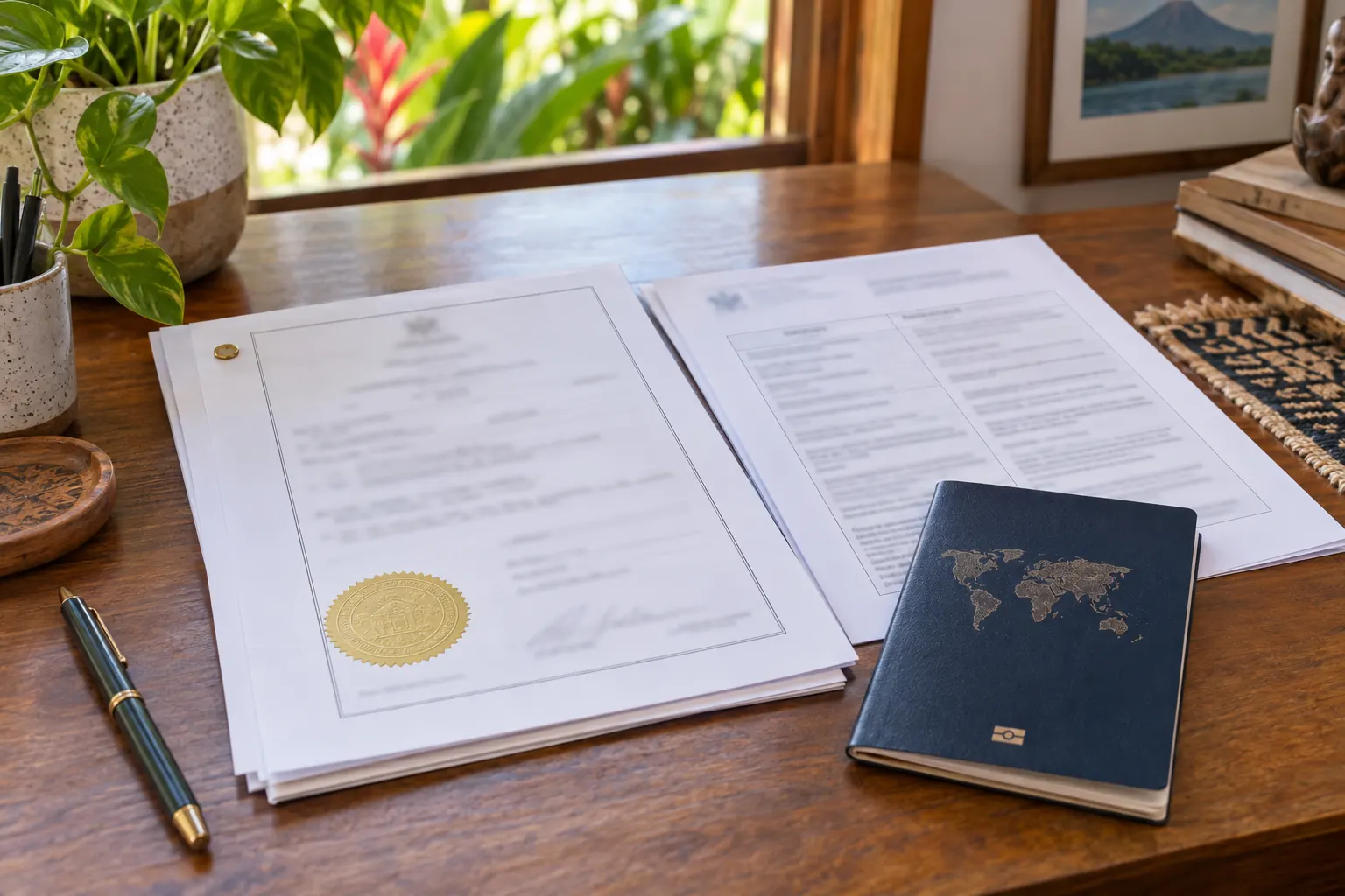 Apostilled documents and Spanish translation beside a passport.