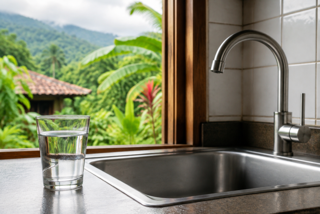 A glass of water beside a kitchen sink overlooking tropical greenery.