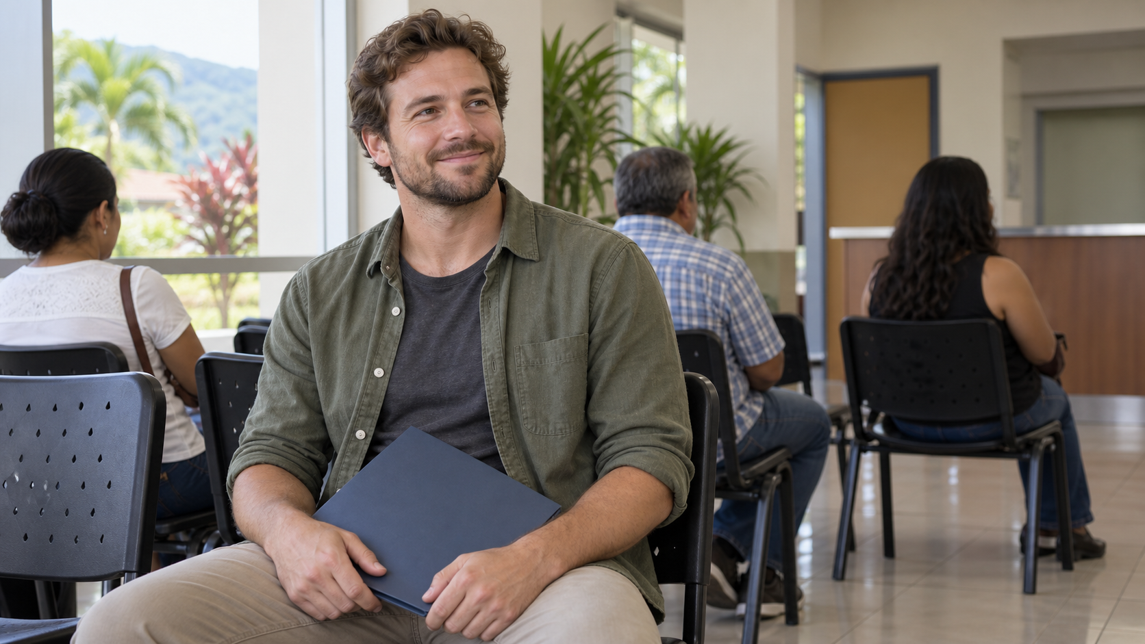Driver’s license applicant waiting with a document folder at a Costa Rican service office.