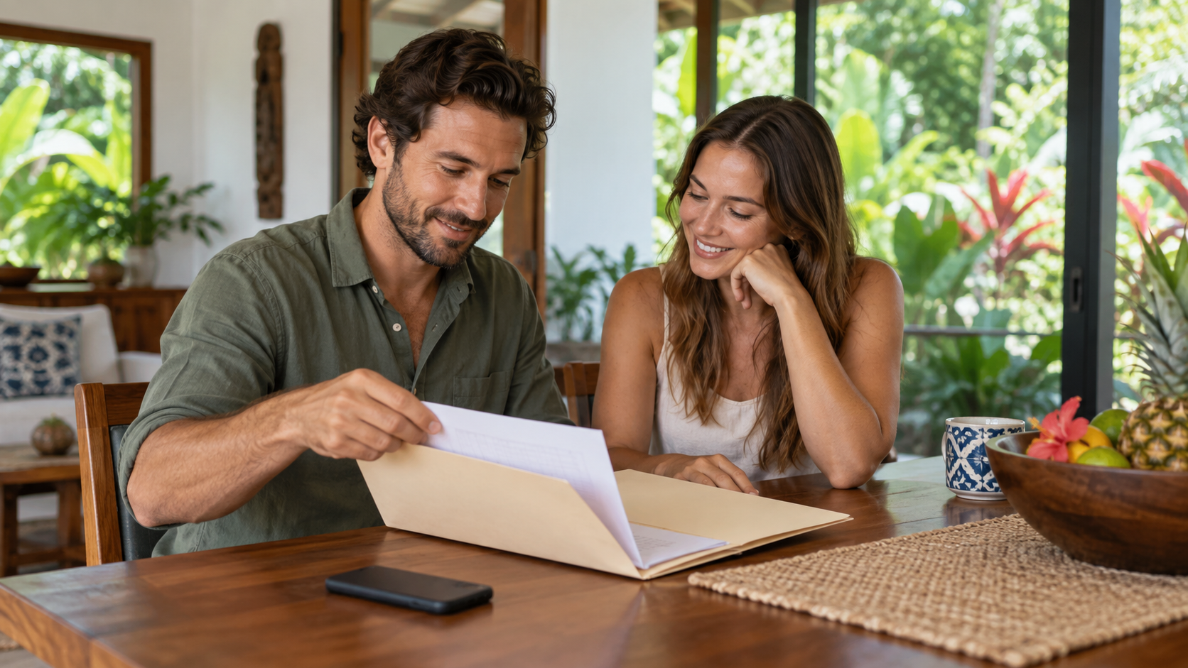 Couple organizing a document folder while planning their move in Costa Rica.