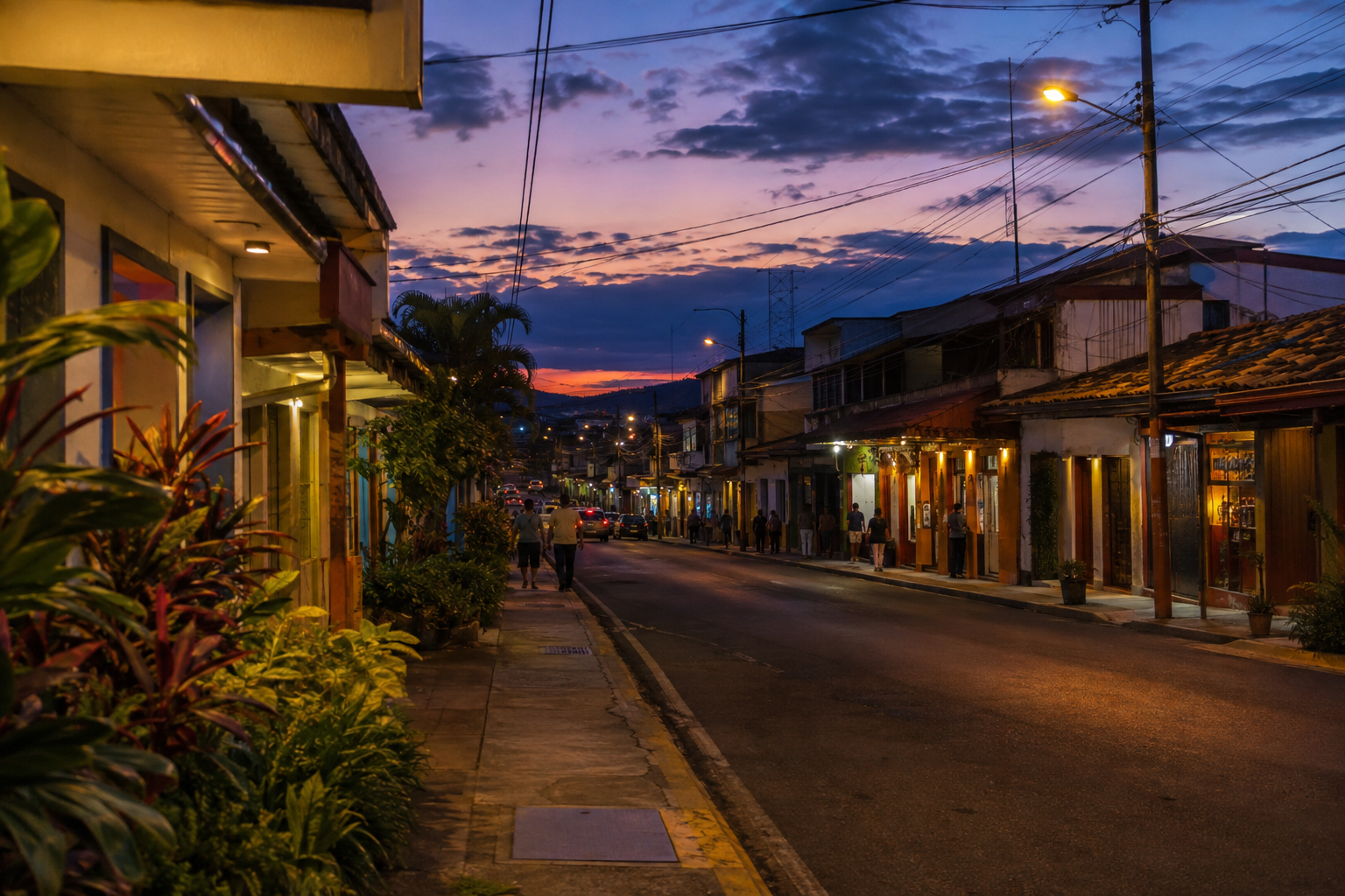 An illuminated street with low-rise buildings at dusk.