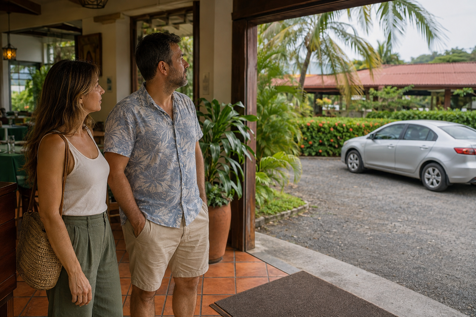 A couple waits indoors with a car visible outside.