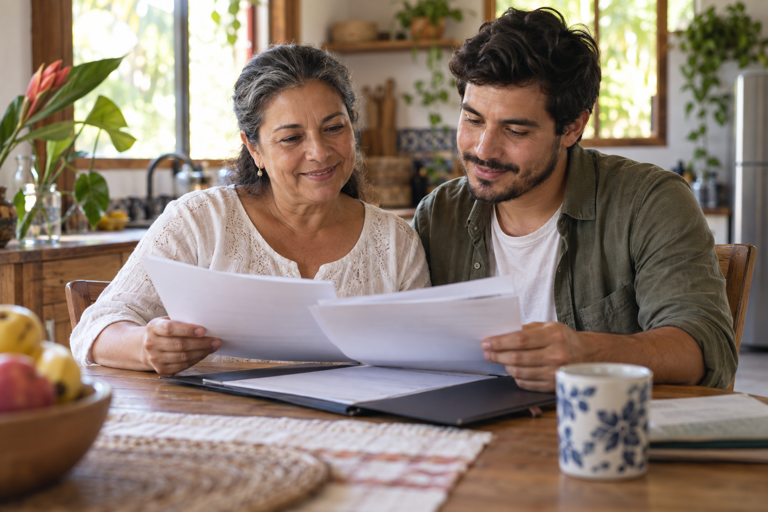 Parent and adult child reviewing civil documents at home in Costa Rica.