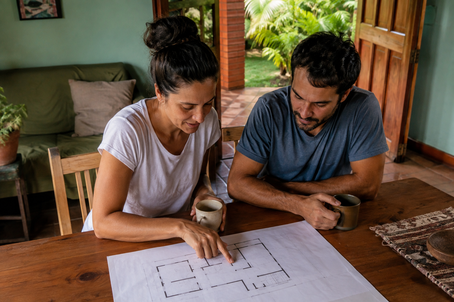 A family discusses a plan together at a table.