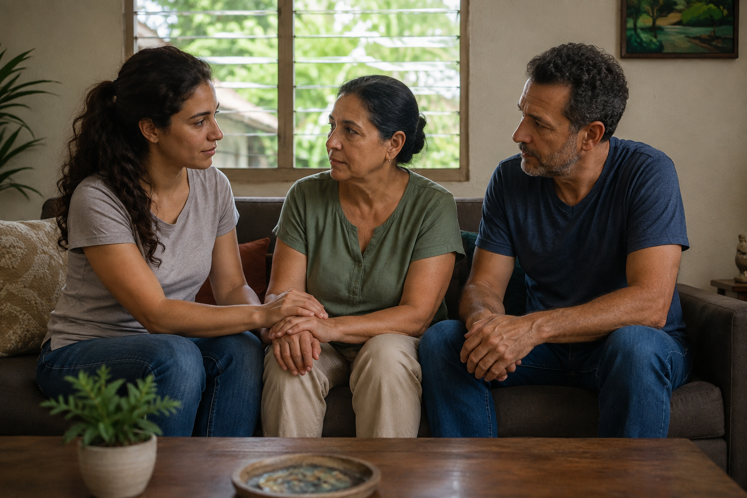 Family members sit together quietly, holding hands.
