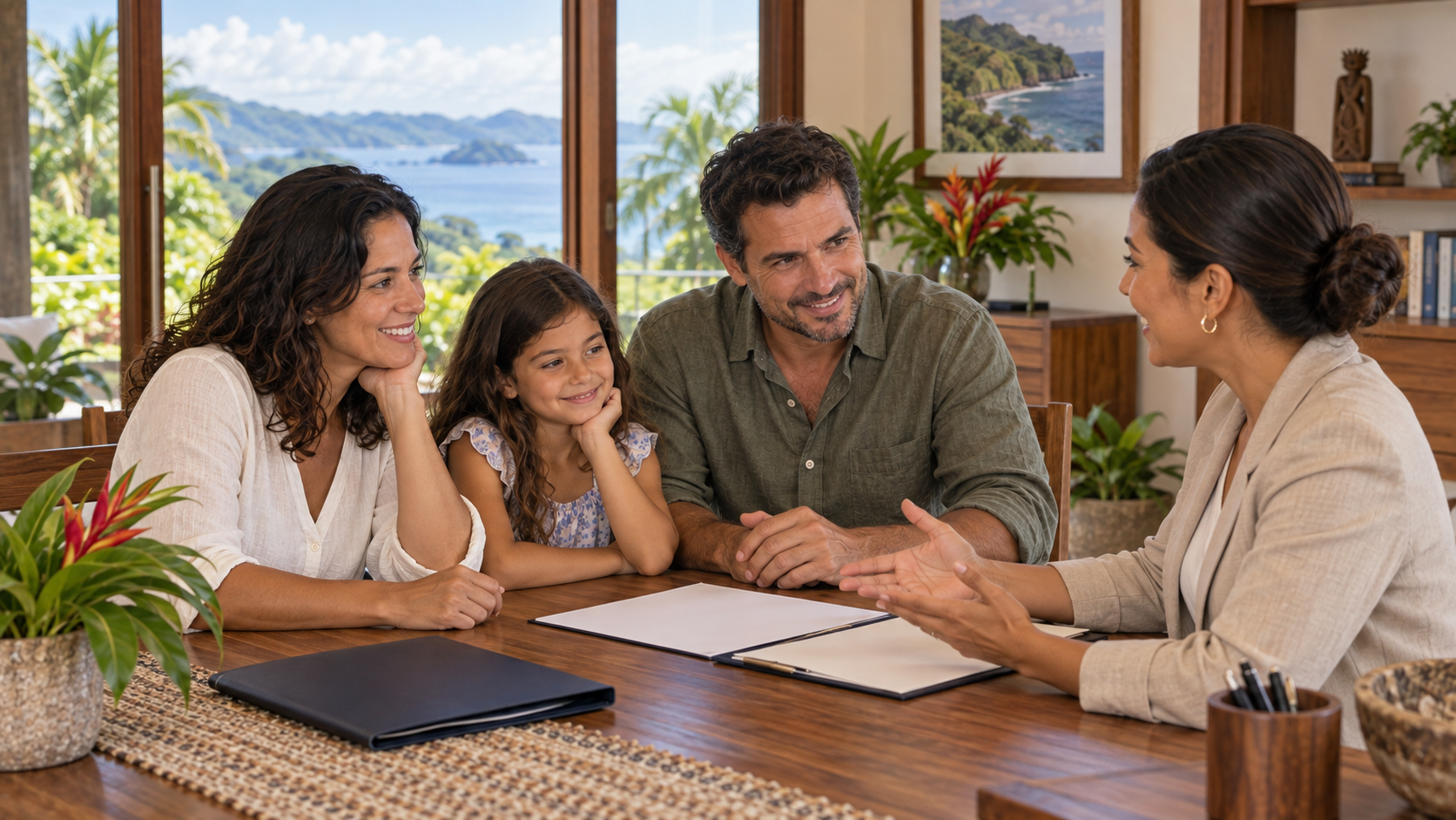 Family receiving Costa Rica residency application guidance from an adviser