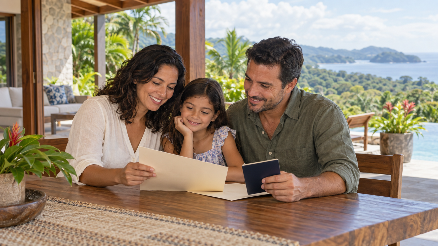 Family reviewing Costa Rica residency documents together at home